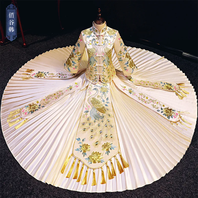 Классическое Благородное Платье Невесты с Кисточкой цвета Шампанского и Вышивкой Павлина, Чонсам в Стиле Ретро, Изысканное Банкетное Стильное Элегантное Платье Невесты китайская одежда