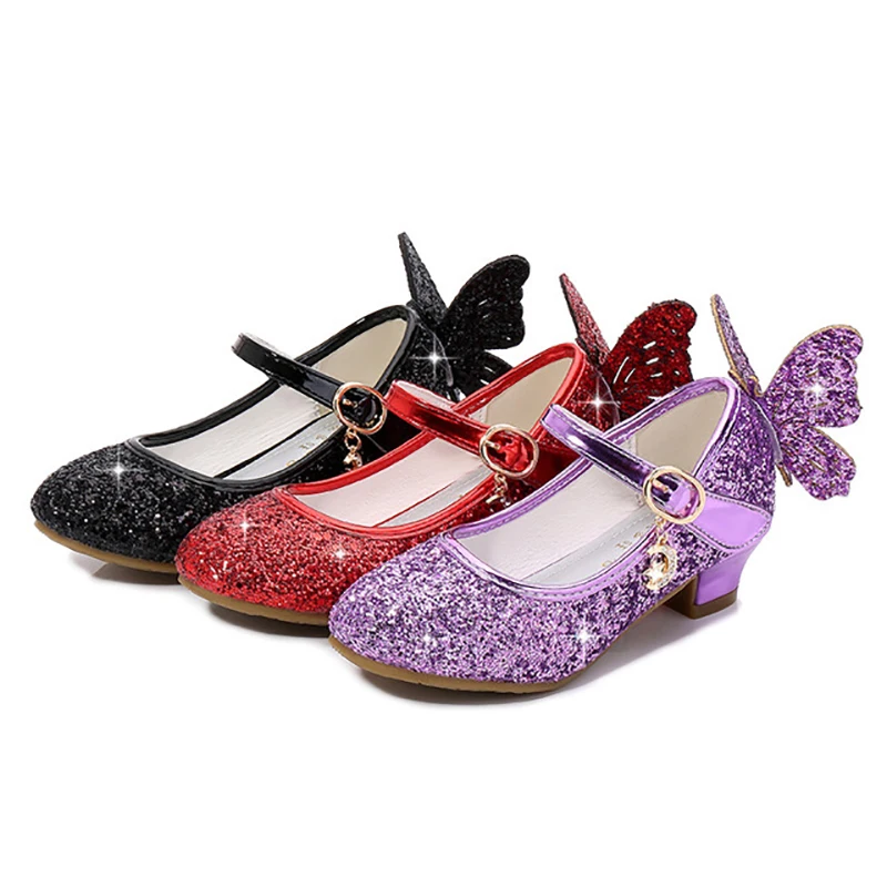 Кожаная обувь для девочек, Обувь Принцессы, Детская блестящая бабочка На высоком каблуке, Сверкающая легкими танцевальными туфлями