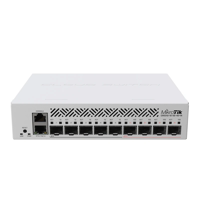 Коммутатор MikroTik CRS310-1G-5S-4S+ IN С пятью портами SFP 1G, четырьмя портами SFP 10G+, разгрузкой фильтрации VLAN, маршрутизацией уровня 3.