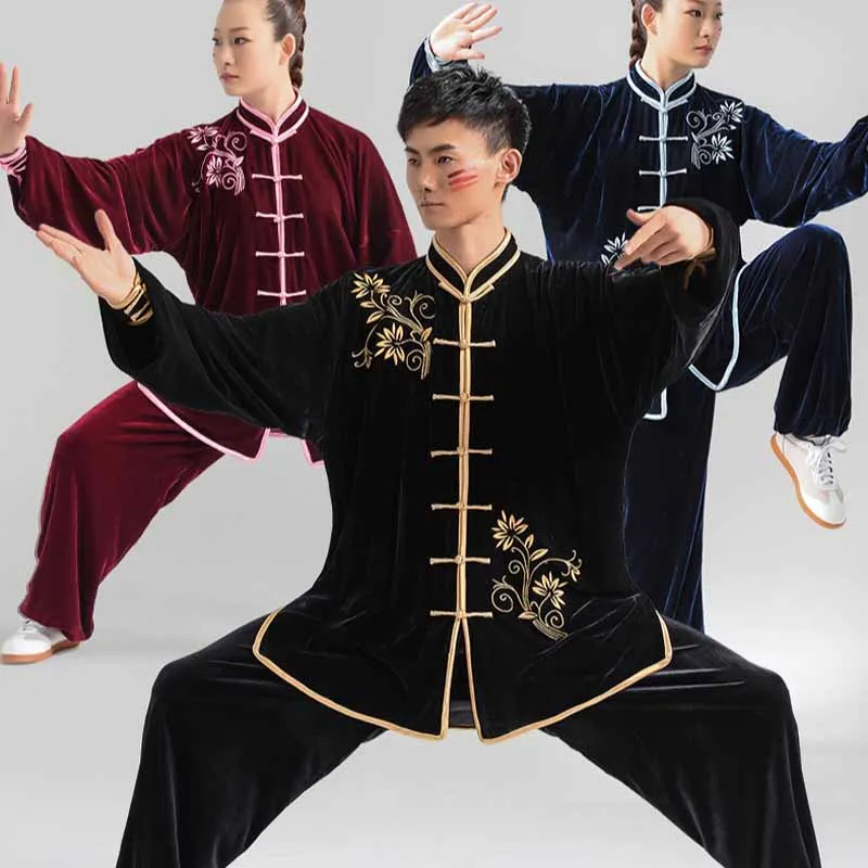 Костюм Кунг-фу Унисекс, Осенне-зимняя Бархатная одежда с вышивкой для занятий Тайцзи, Утолщенный костюм для выступлений в боевых искусствах