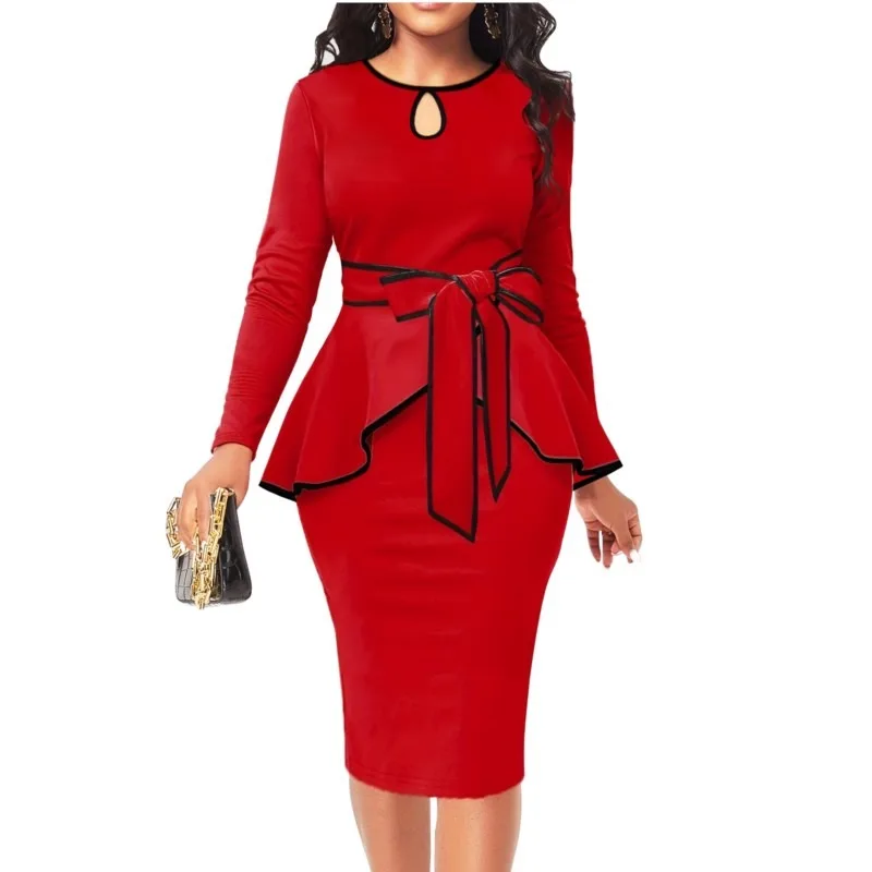 Красный костюм с африканской юбкой, Африканские платья для женщин, Осенний Сексуальный Элегантный Топ с оборками Неправильной Формы и длинными рукавами, Юбка с разрезом, Комплект из двух предметов