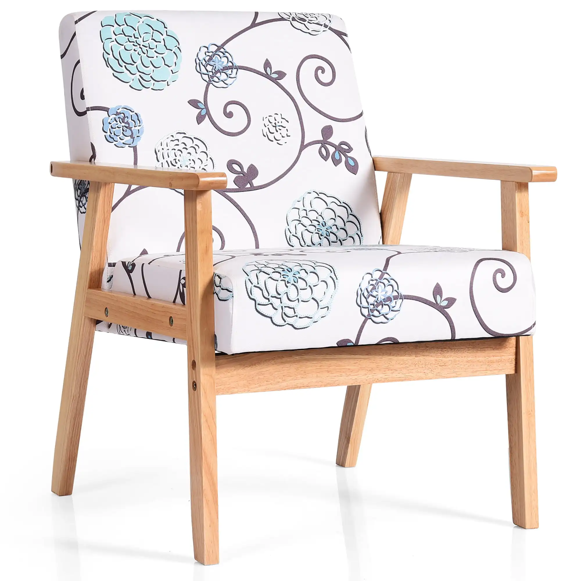 Кресло Costway Modern Accent, Тканевое кресло для отдыха с ножкой из каучукового дерева Белого и синего цветов