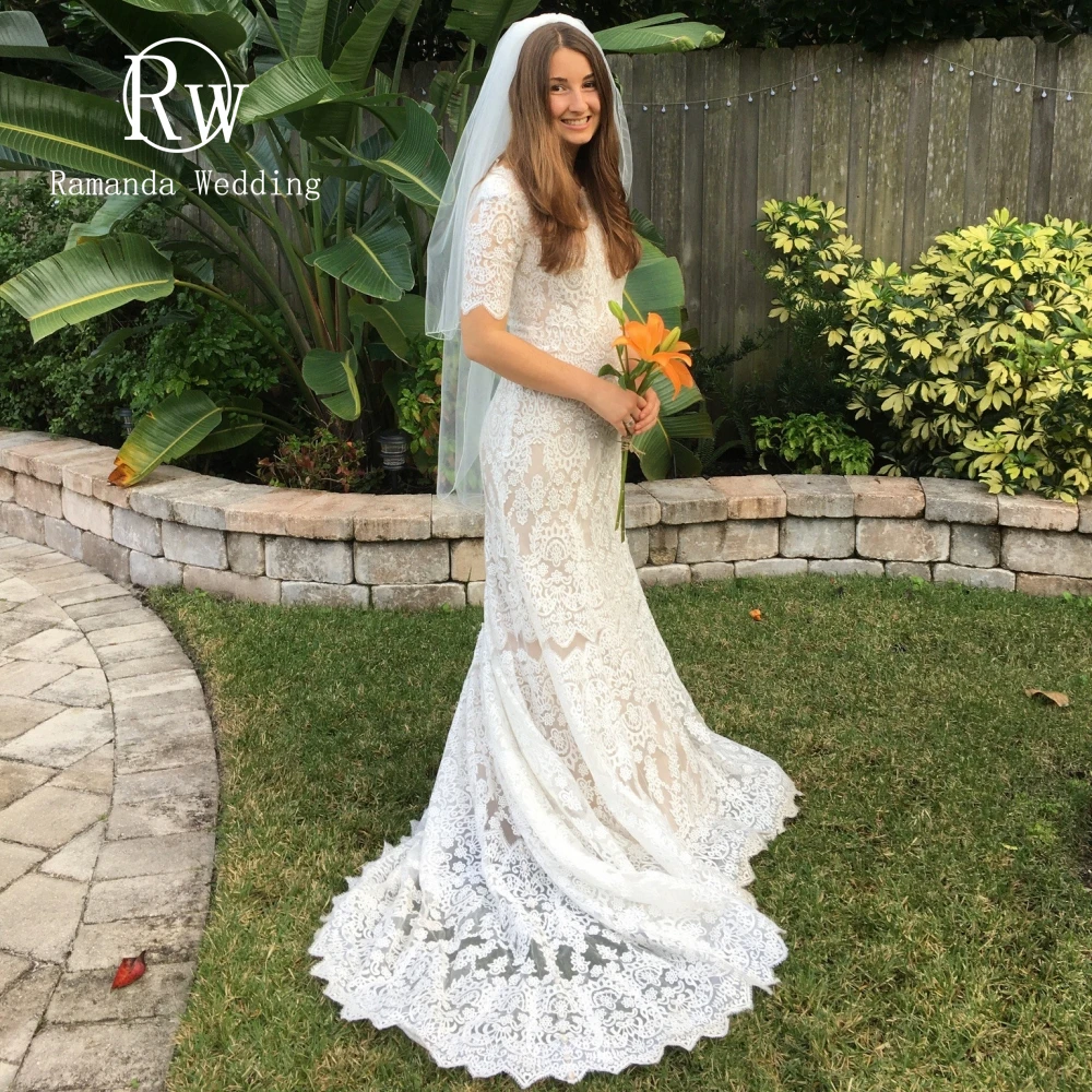 Кружевное Свадебное платье Ramanda с круглым вырезом и рукавами-капельками, Иллюзия Русалки, Свадебное платье для Очаровательных женщин, Vestidos De Novia