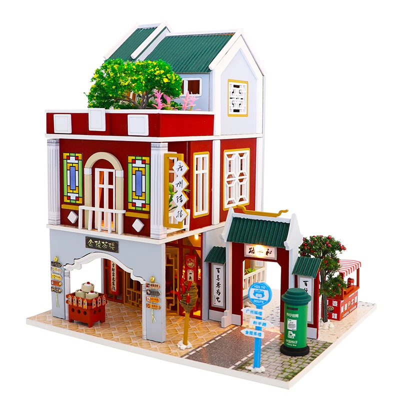 Кукольный домик своими руками, креативный дом в китайском стиле, деревянный, собранный вручную, кинотеатр с видом на улицу, украшения своими руками, модель еды и игр, игрушки