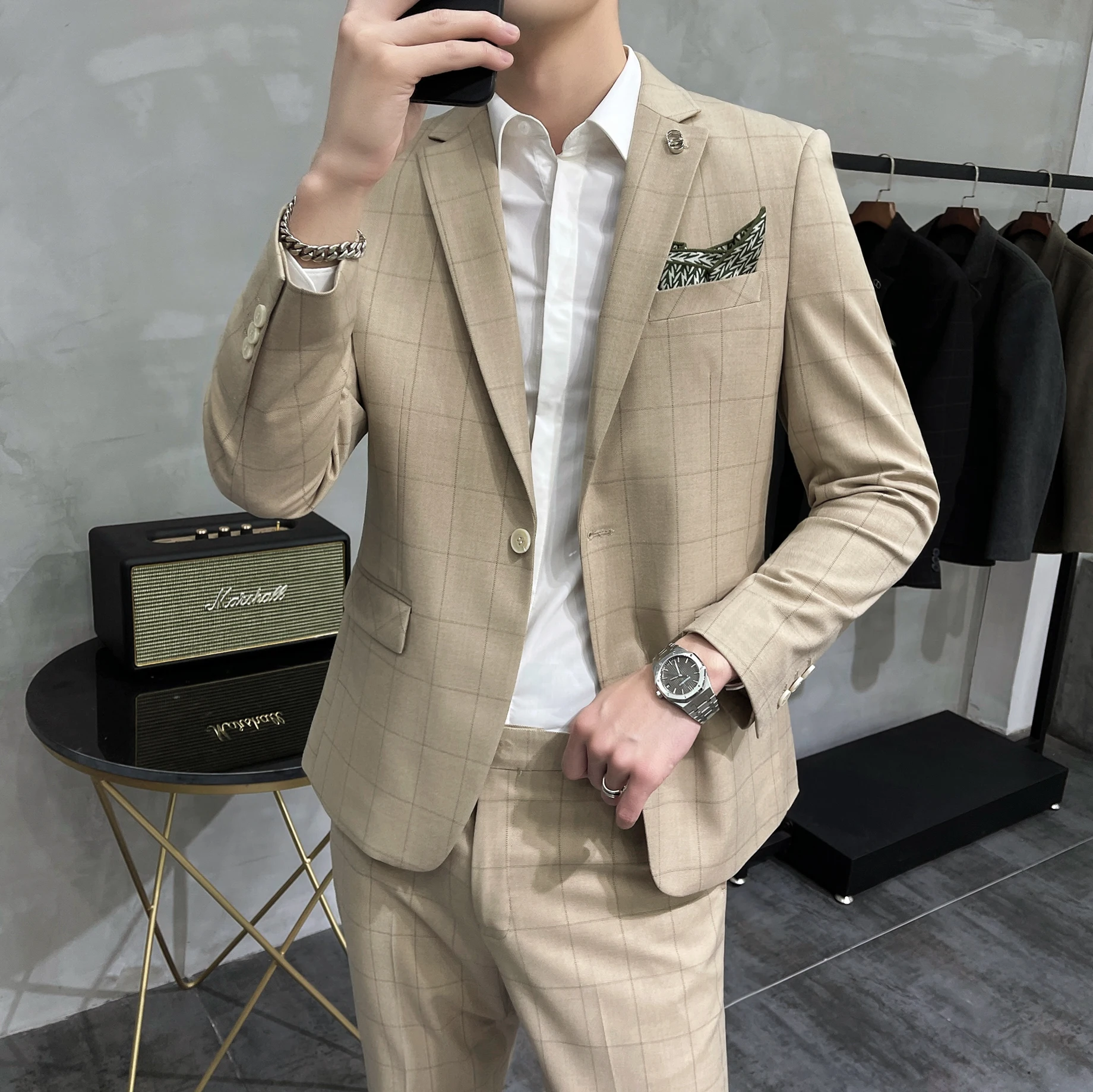 (Куртка + брюки) Высококачественные брендовые клетчатые официальные деловые мужские костюмы, комплект из 2 предметов, Сценическое банкетное платье, свадебный костюм Жениха, мужской Блейзер 4XL