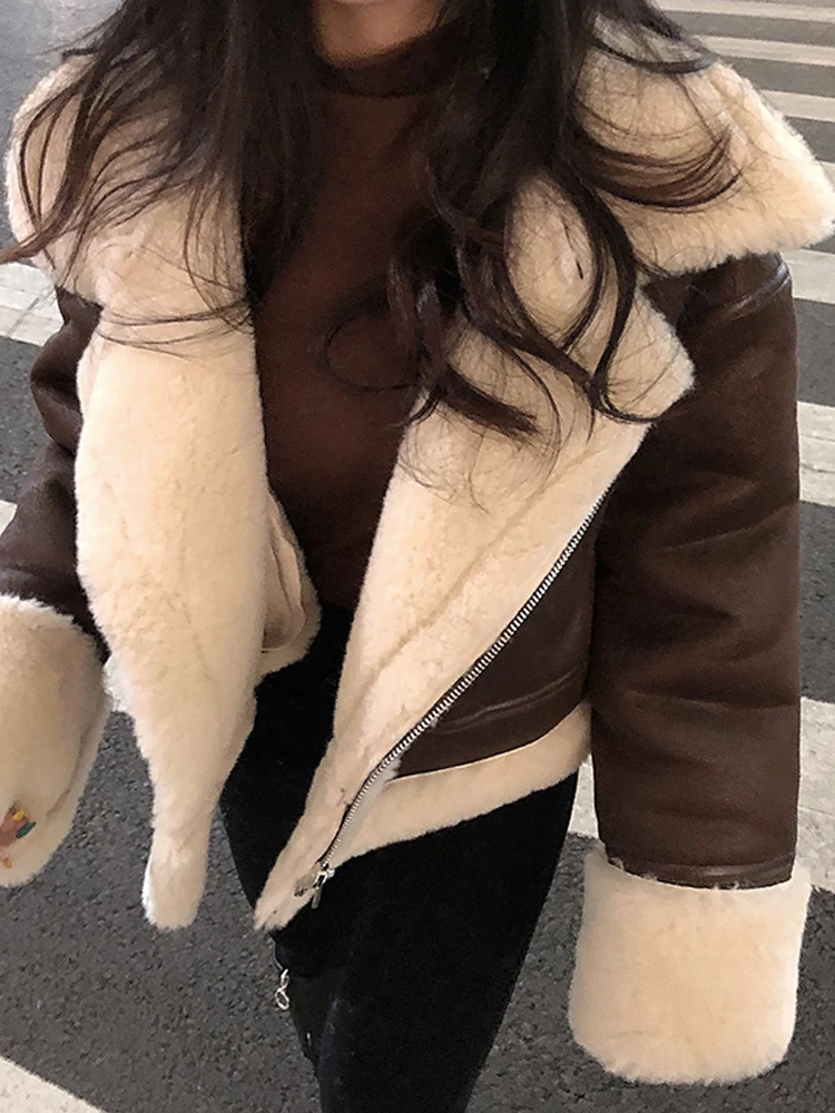 Куртка из искусственной кожи с мехом ягненка YICIYA, осенне-зимнее теплое пальто с имитацией пояса, Женская куртка-авиатор, теплая женская куртка