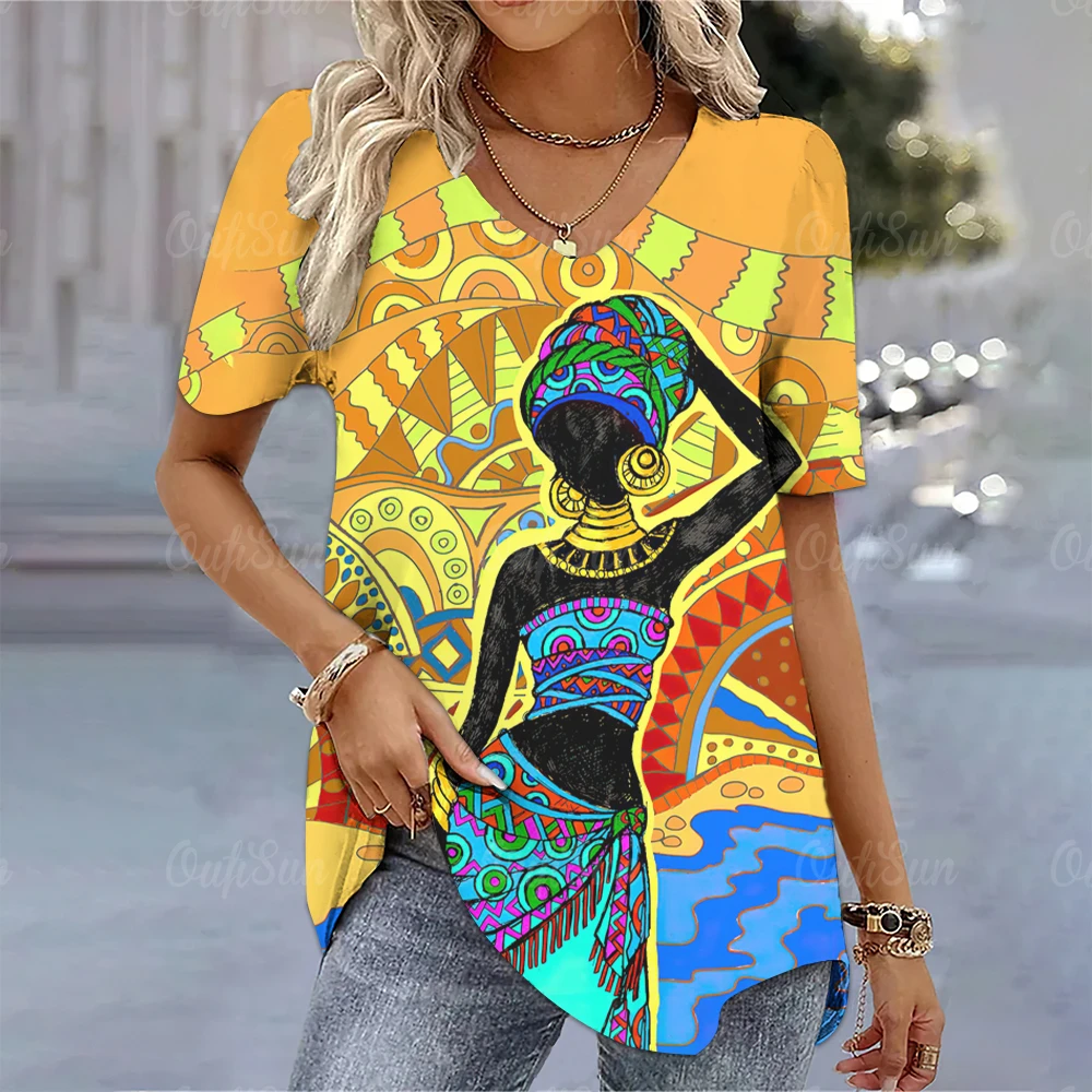 Летняя женская футболка с этническим принтом, Топы с коротким рукавом, V-образный вырез, Уличная одежда Оверсайз, Классическая женская одежда в стиле Харадзюку, Женские футболки