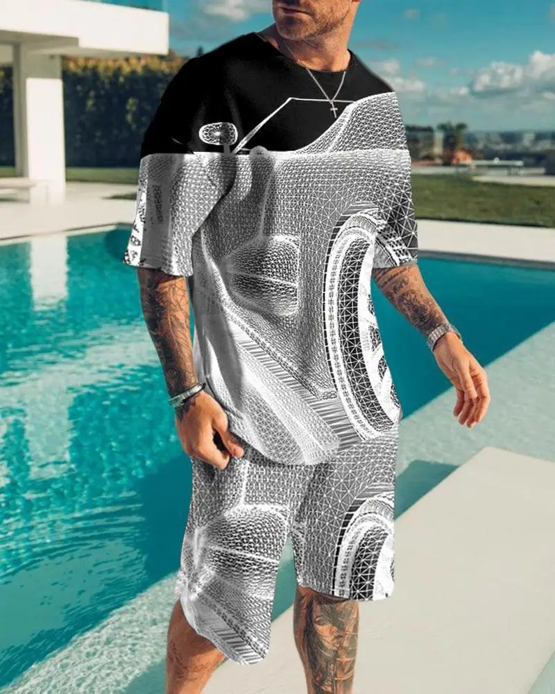 Летняя Мужская футболка с коротким рукавом, Шорты, костюм с 3D цифровым принтом, Трендовый повседневный топ с коротким рукавом, Пляжные брюки, Комплект из двух предметов