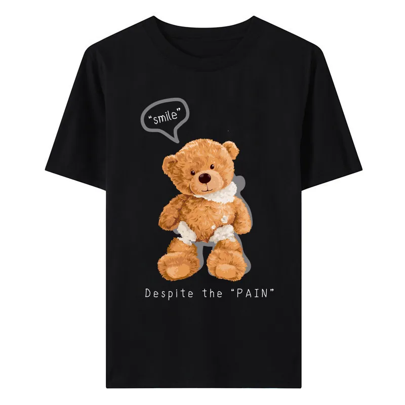 Летняя новая Женская Повседневная футболка с круглым вырезом и коротким рукавом 2023, универсальная Простая футболка с принтом Медведя