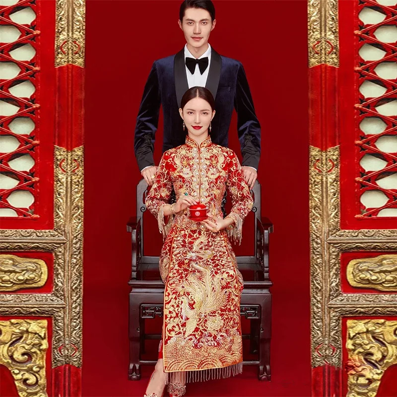 Летняя Свадебная Одежда с Вышивкой Дракона и Феникса, Высококачественное Китайское Традиционное Свадебное платье Ципао для Жениха и Невесты