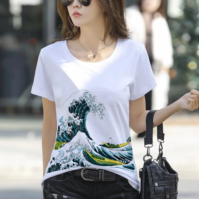 Летняя футболка YRYT в китайском стиле с коротким рукавом, винтажный волнистый принт, круглый вырез, повседневная хлопковая футболка с коротким рукавом