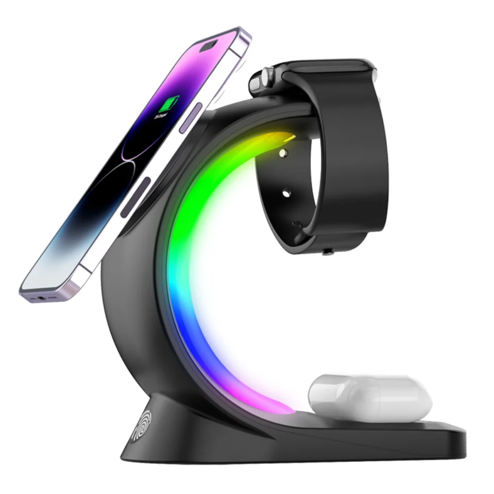 Магнитное Беспроводное Быстрое зарядное устройство 3 в 1 мощностью 15 Вт для iPhone15 14 14Promax 13 12 для Apple Watch Airpods Samsung Huawei с RGB Подсветкой