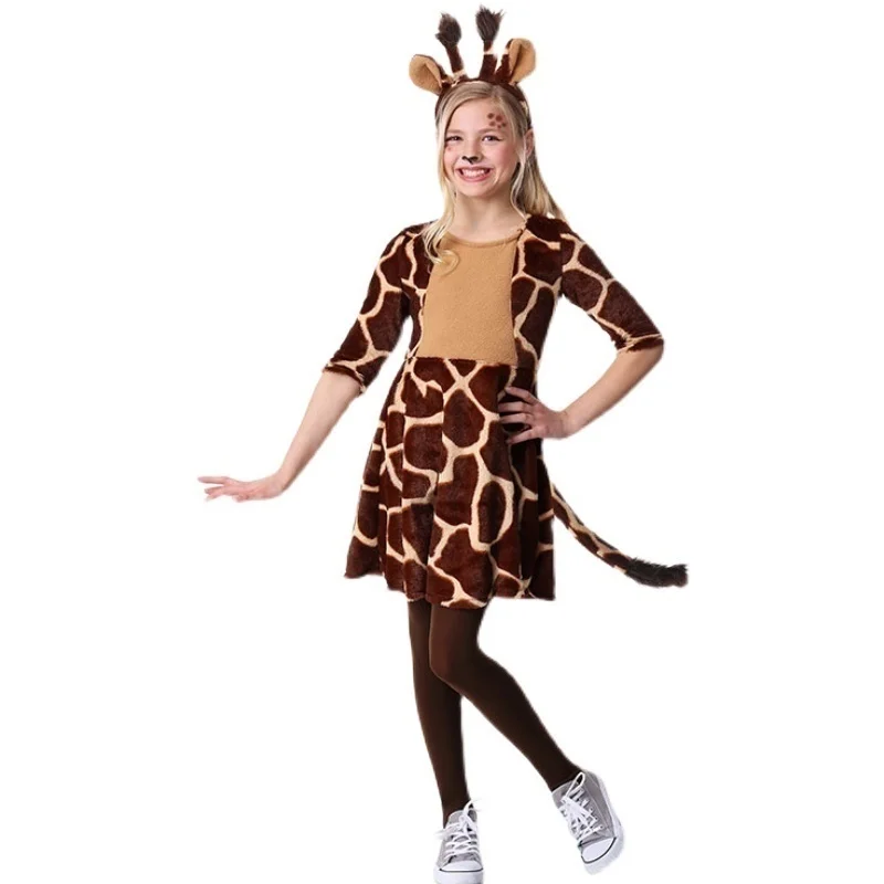 Милое платье с изображением жирафа для девочек, комплект костюмов для выступлений с мультяшными животными для детей, костюмы на Хэллоуин, Рождественские платья для девочек с хвостом