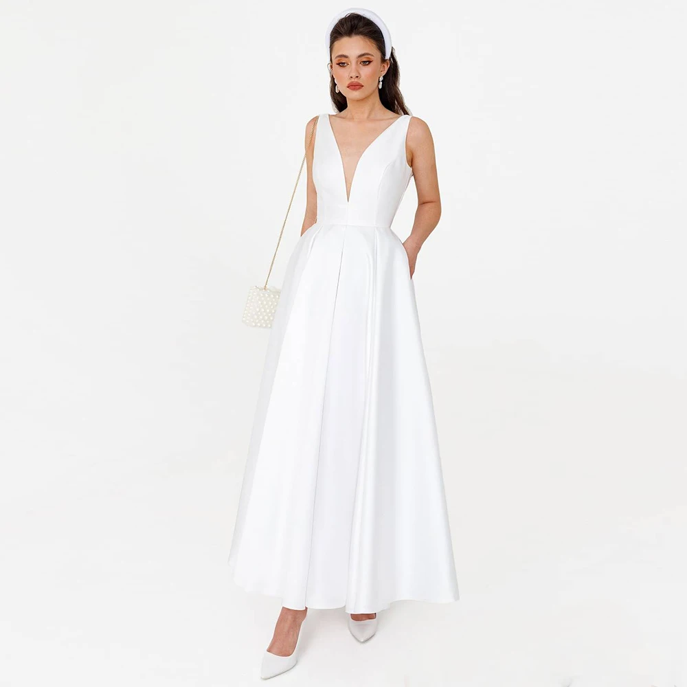 Минимализм, Чисто белое Свадебное платье длиной до щиколоток с V-образным вырезом и бантом, Простое атласное свадебное платье без рукавов на молнии сзади, сшитое на заказ
