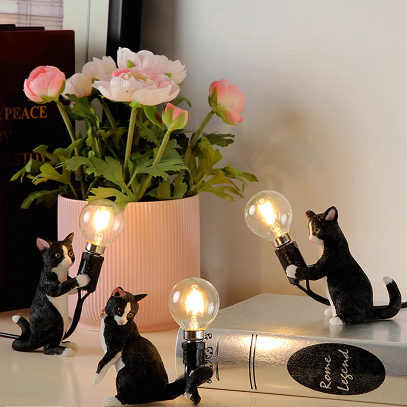 Минималистичная и креативная настольная лампа с животными для спальни, прикроватного кабинета, офиса, детской комнаты, настольная лампа с котом из смолы, настольная лампа
