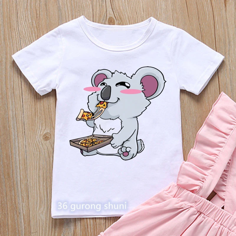 Модная детская футболка с забавным изображением коалы, поедающей пиццу, футболка с графическим принтом для мальчиков, повседневные футболки с милыми животными и героями мультфильмов, футболка для девочек, белые топы
