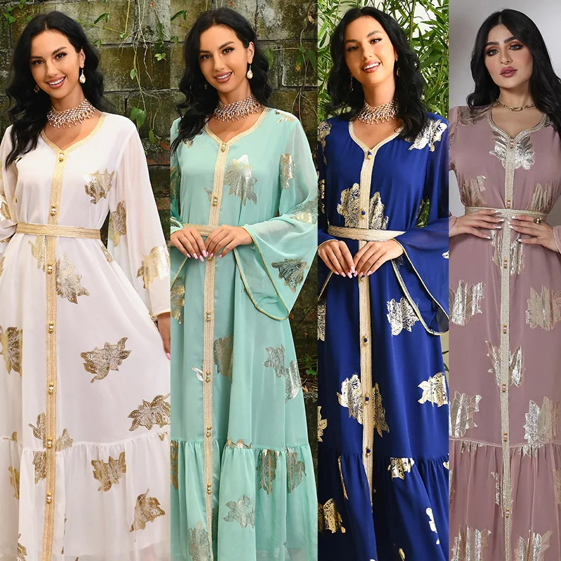 Модное платье Ближнего Востока, кафтан с цветочным золотым штампом, женская мода, Джеллаба, мусульманская одежда, Дубай, женское вечернее платье с длинным рукавом