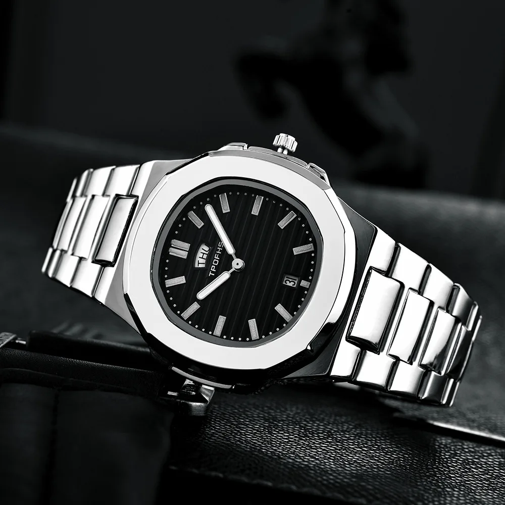 Модные брендовые мужские кварцевые часы с классическим стальным ремешком, спортивные часы с большим циферблатом, деловой календарь, немеханические подарочные наручные часы