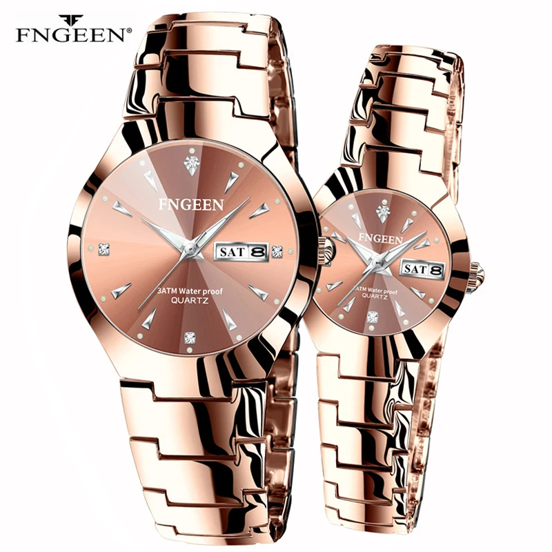 Модные роскошные часы FNGEEN для влюбленных, подарок на День Святого Валентина, наручные часы, стальные водонепроницаемые часы из розового золота, парные часы, кварцевые часы для пары