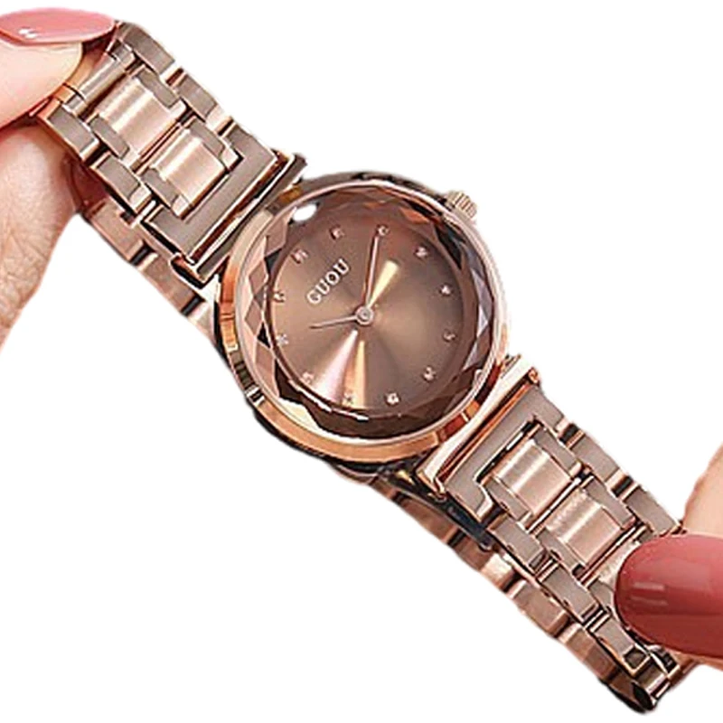 Модный Guou лидирующий бренд Rose, ремешок из нержавеющей стали из розового золота, простые роскошные женские водонепроницаемые кварцевые часы