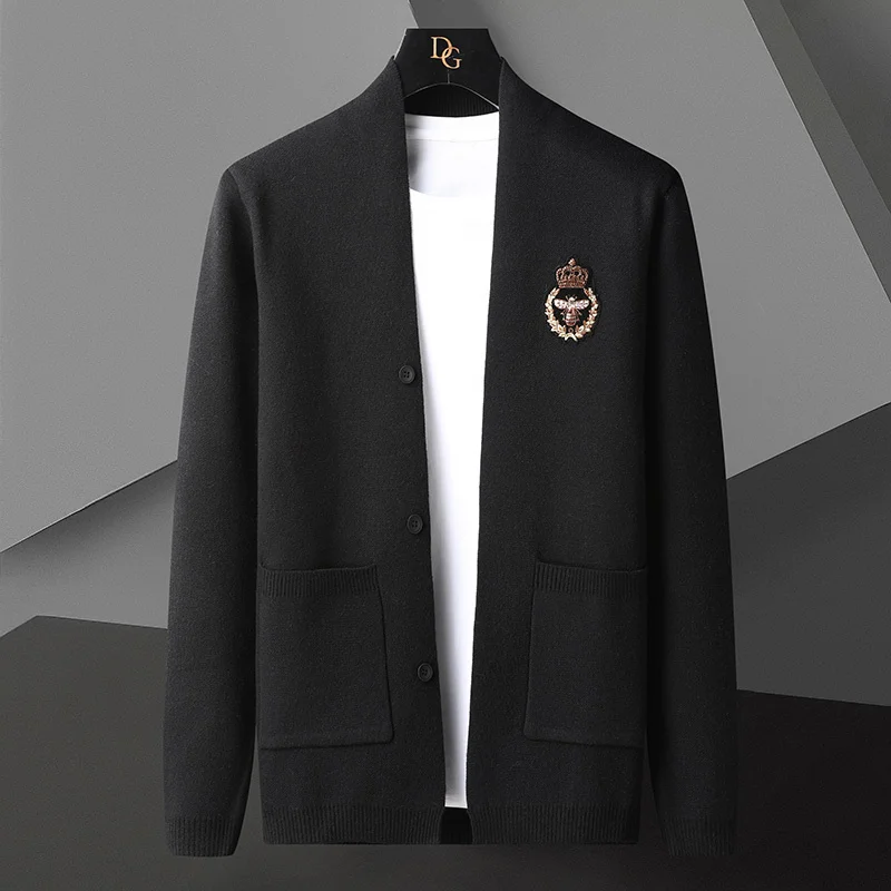 модный Европейский и американский вязаный кардиган с вышивкой пчелки, осень 2023, новый высококачественный брендовый повседневный свитер, пальто для мужчин
