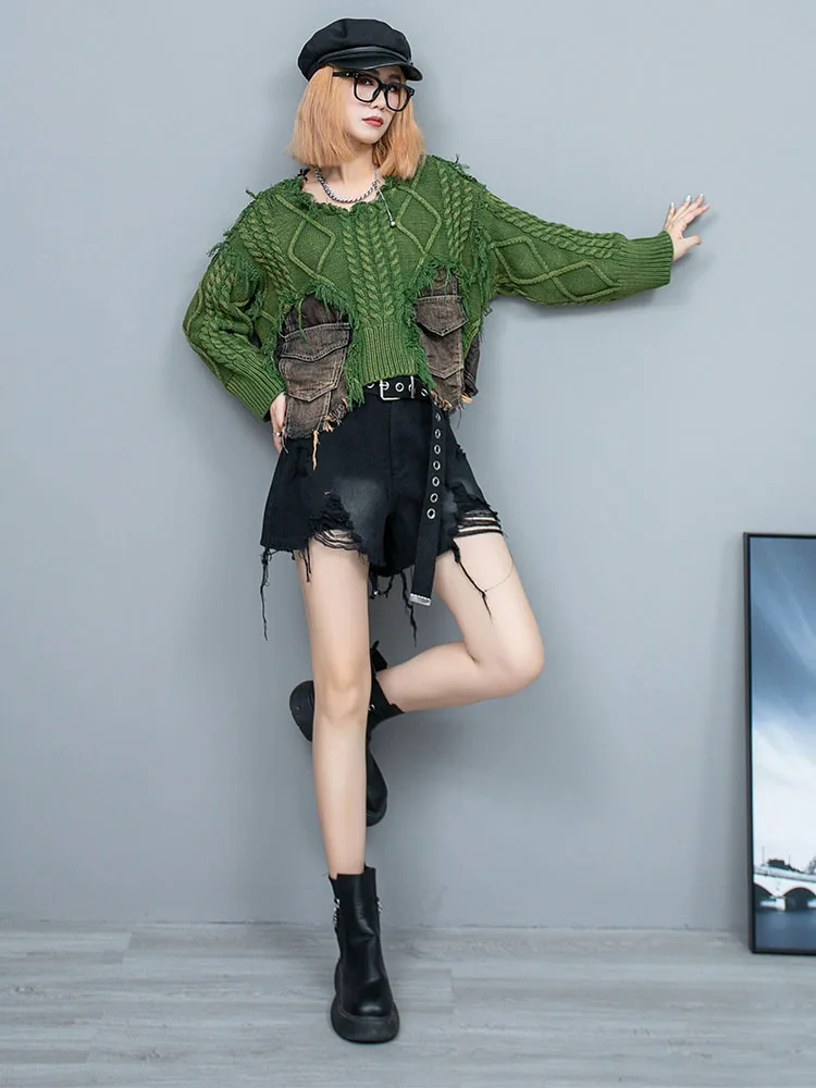 Модный и персонализированный женский джинсовый пуловер в стиле пэчворк из потертого трикотажа с круглым вырезом и длинными рукавами, Уличная одежда, короткий свитер свободного кроя