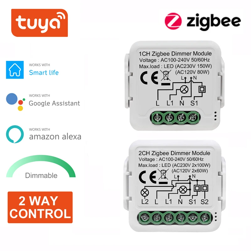 Модуль Tuya ZigBee Smart Dimmer Switch Поддерживает 2-Полосное Управление Голосовым пультом дистанционного управления Dimmable Switch Работает с Alexa Google Home