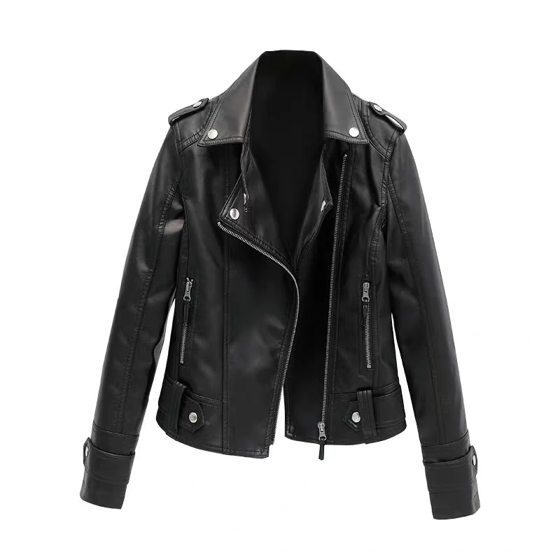 Мотоциклетная кожаная одежда, Женская весна 2023, женская кожаная куртка, Короткие Тонкие осенние пальто, Женская верхняя одежда Черного цвета