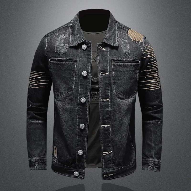Мужская новая джинсовая куртка Модный повседневный черный костюм в стиле ретро с воротником-стойкой, однобортный потертый тонкий мотоциклетный топ, уличный универсальный