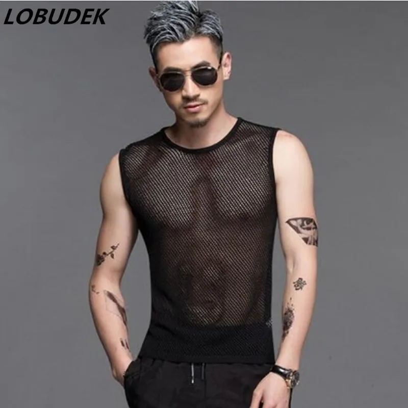 Мужская трикотажная футболка, сексуальные черные модные тонкие футболки, Европейский мужской летний жилет, одежда для сцены в стиле хип-хоп