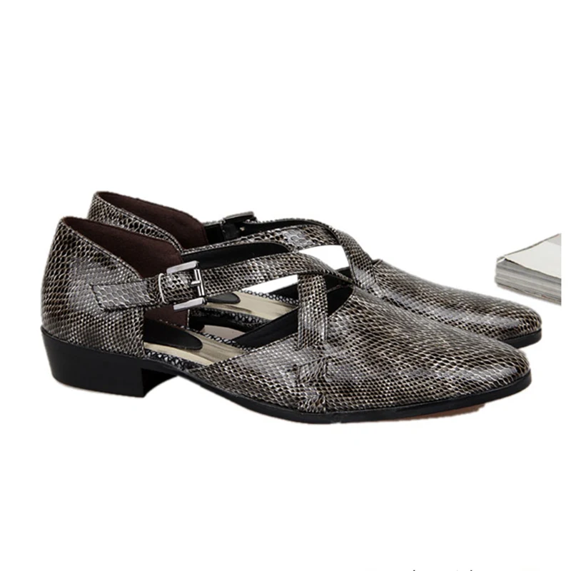 Мужские винтажные сандалии из натуральной кожи с острым носком и змеиной кожи, повседневная летняя обувь в Римском стиле с пряжкой и ремешком