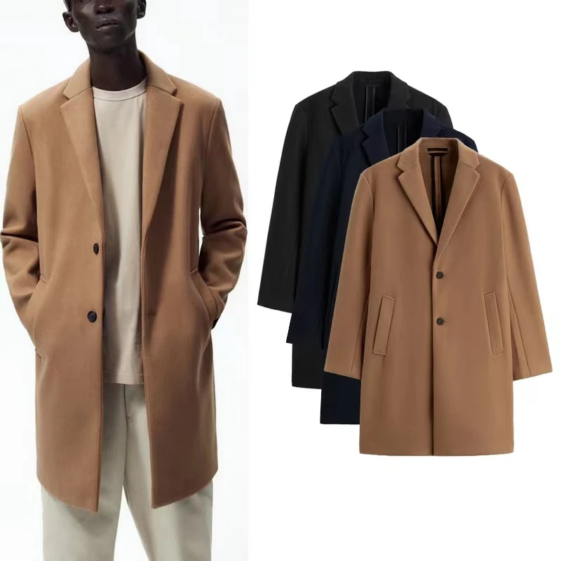 Мужское пальто, Однотонный цвет, Весна 2023, Новый Мужской костюм, Воротник средней длины, Простой тренч, имитирующий шерстяное пальто