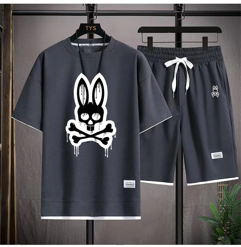 Мужской новый летний повседневный спортивный комплект Psycho Bunny1-1 с круглым вырезом и короткими рукавами с принтом + шорты, комплект из двух предметов.