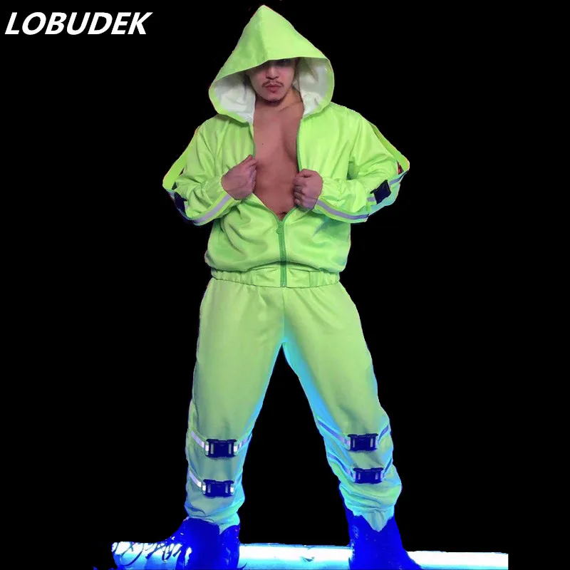 Мужской Флуоресцентный Зеленый костюм для танцев в стиле Рэп-рок, хип-хоп, Танцевальный комплект, куртка с капюшоном, Брюки, Одежда для выступлений на сцене, костюм для бара из 2 предметов