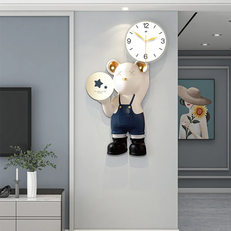 Мультяшный жестокий медведь настенные часы Гостиная Современные немой часы Домашний ресторан настенный декор Детская спальня креативная наклейка на стену часы