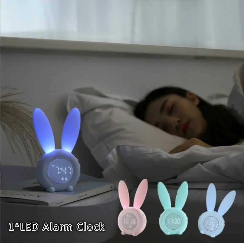 Мультяшный светодиодный цифровой будильник, электронный светодиодный дисплей, управление звуком, ночник с кроликом, настольные Перезаряжаемые часы