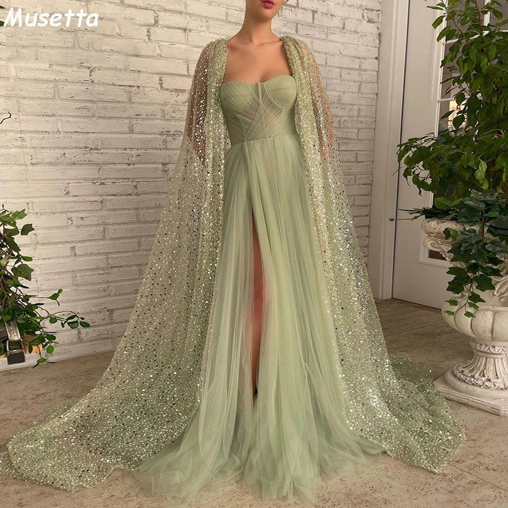 Мюзетта Шалфейно-зеленые платья для выпускного вечера, накидка с блестками, Вечерние платья из плиссированного тюля с высоким разрезом, Вечернее платье трапециевидной формы на шнуровке