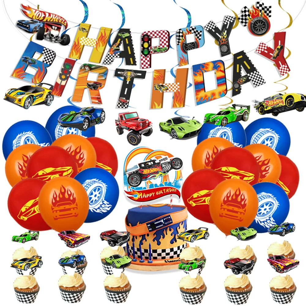 Набор украшений для Дня рождения Hot Wheels, воздушные шары, гоночный автомобиль, Топперы для торта, Потолочные гобелены, завитки, принадлежности для декора