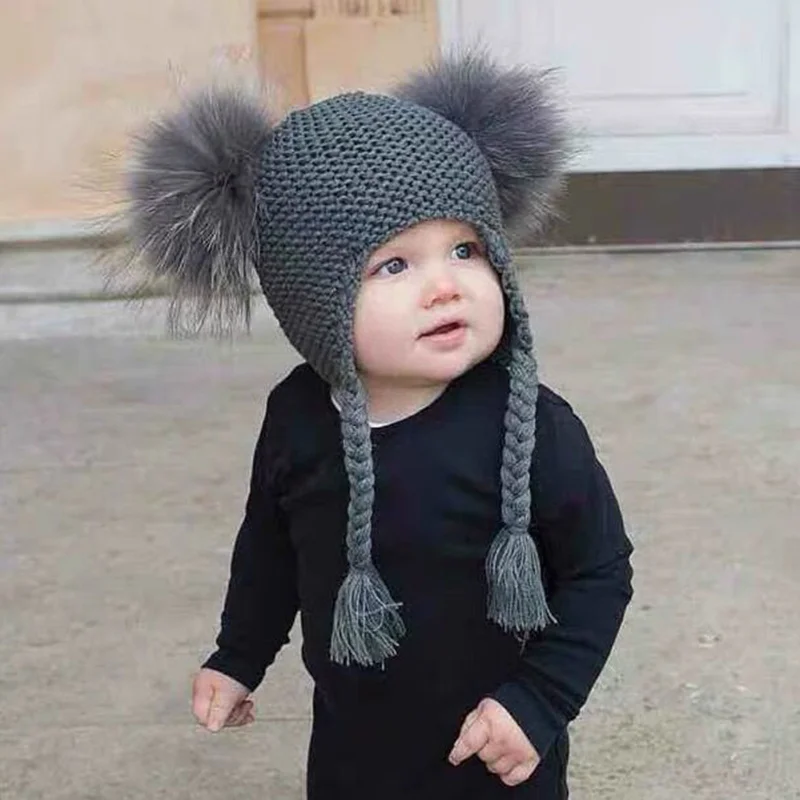 Новая осенне-зимняя детская шапочка с помпоном из натурального меха 15 см для детей, теплая шерстяная вязаная шапка-ушанка