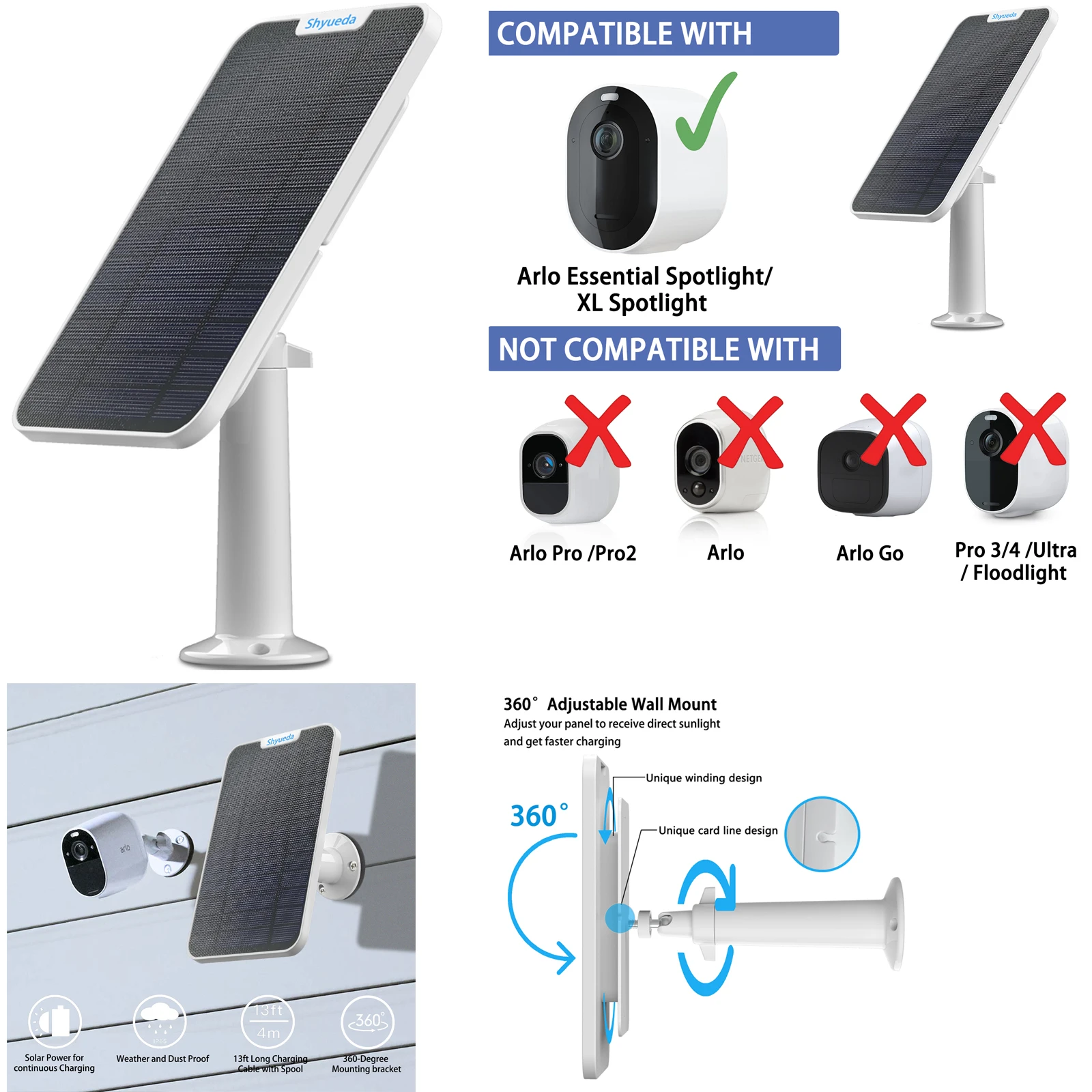 Новая солнечная панель мощностью 4 Вт для зарядки Arlo Essential Spotlight/XL Spotlight с кабельным креплением (белый)