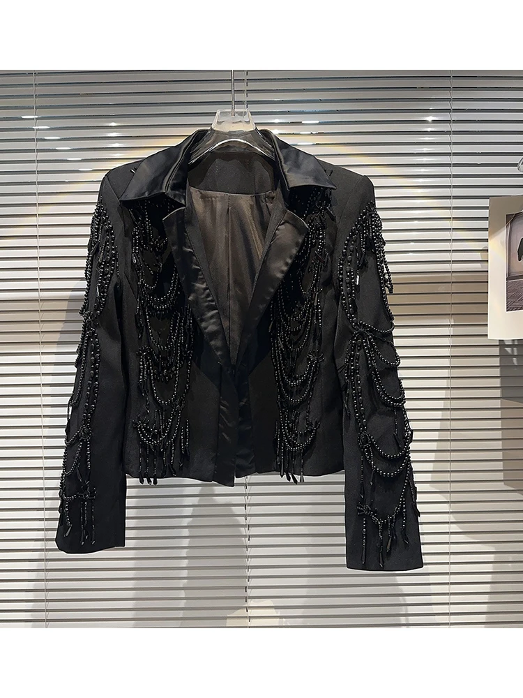 Новейшая Модная дизайнерская куртка HIGH STREET 2023, Женская короткая куртка с жемчужной цепочкой