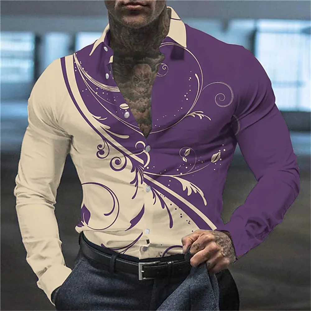 Новейшие мужские рубашки с цветочным принтом и фиолетовыми цветами, уличные топы и повседневные рубашки на пуговицах для летних мужчин.