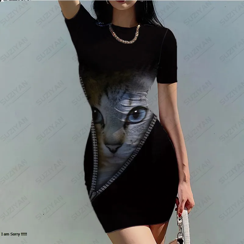 Новое Модное, Хит продаж, Женское персонализированное платье с 3D печатью, Сексуальное Черное Женское облегающее платье с круглым вырезом и коротким рукавом Cat Cool
