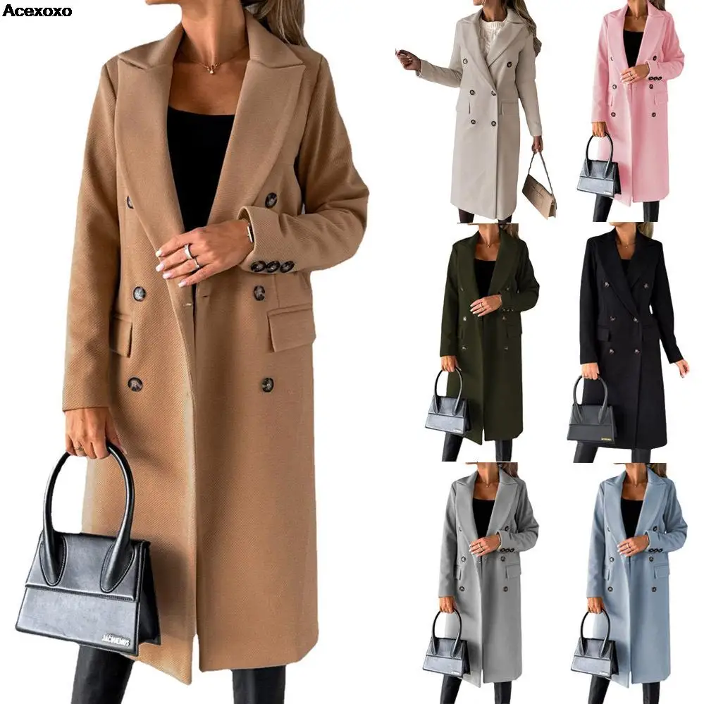 Новое однотонное двубортное женское пальто с длинными рукавами