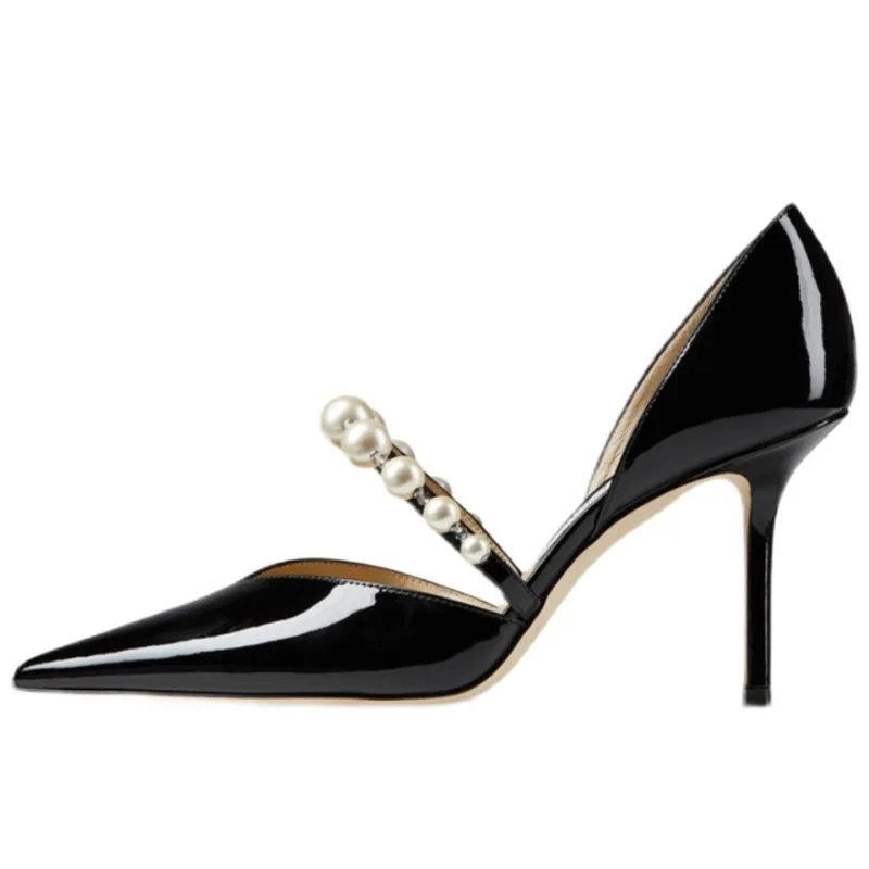 Новые модные черные туфли из лакированной кожи с жемчугом и французским острым носком на высоком каблуке-шпильке Для женщин