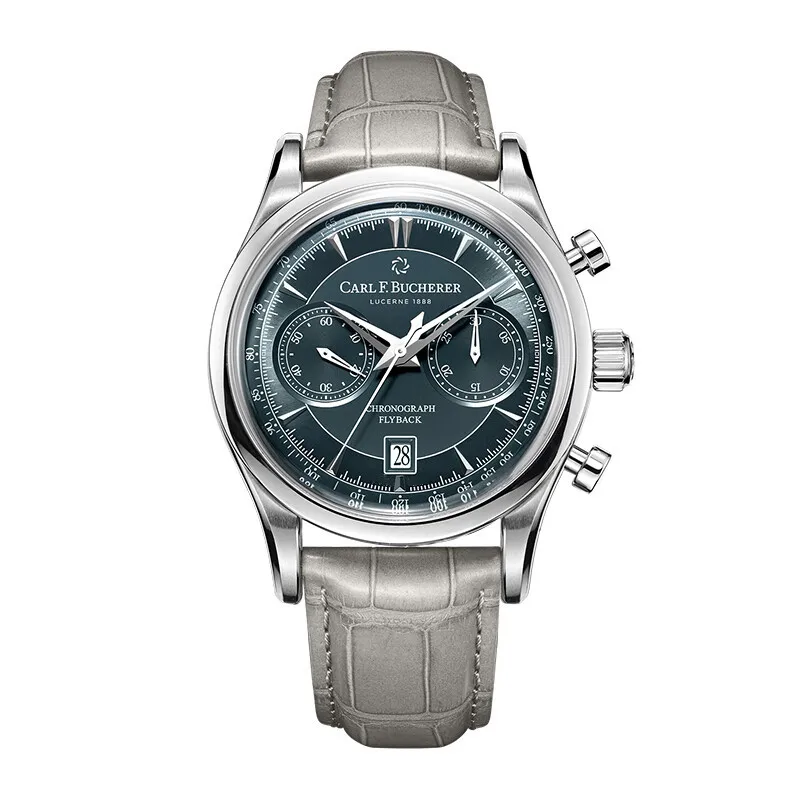 Новые роскошные часы Carl F. Bucherer, часы Marley Dragon Flyback, хронограф, серо-синий циферблат, кожаный ремешок, кварцевые мужские часы
