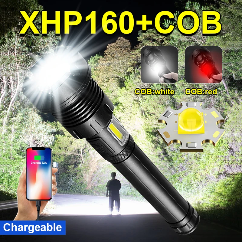 Новый XHP160, самый мощный светодиодный фонарик 18650, тактический фонарик, USB-перезаряжаемый фонарь, мощная COB-вспышка