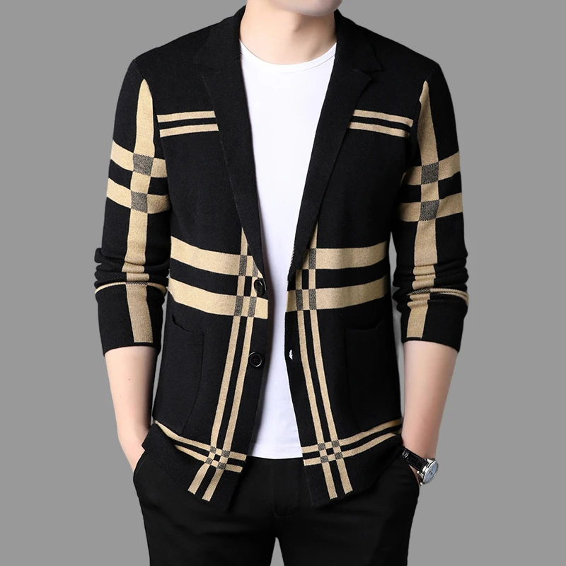 Новый мужской весенний корейский вязаный кардиган элитного бренда, модный клетчатый свитер, пальто, мужские осенние роскошные свитера для отдыха