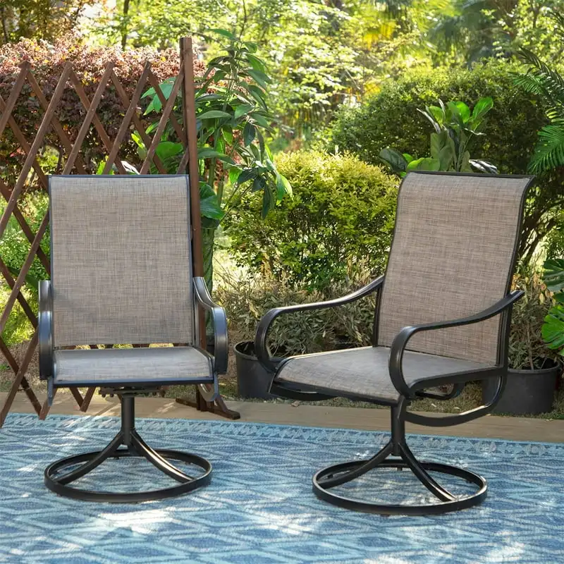 Обеденные стулья для патио на открытом воздухе Набор из 2 металлических вращающихся стульев с дышащей тканью, подходит для патио, на улице, в столовой, серый