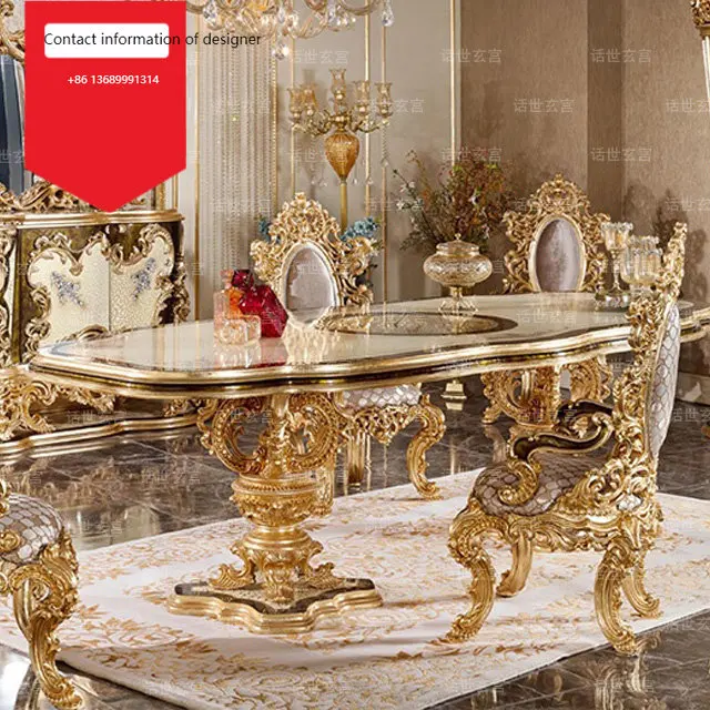 Обеденный стол во французском дворце вилла Европейский массив дерева на заказ роскошный итальянский золотой фольга высококлассный обеденный стол